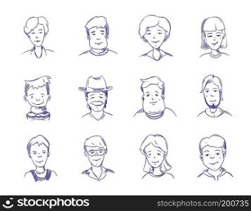 Hand drawn people characters, portrait, avatars vector sketch. Collection of man and woman portrait doodle drawing, illustration of portrait painted pen. Hand drawn people characters, portrait, avatars vector sketch collection