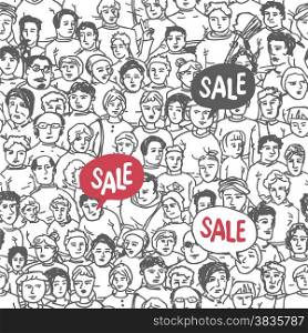 Hand Drawn People Crowd Seamless pattern with Sale Label