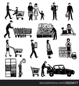 Hand drawn people doing shopping in supermarket black decorative icons set isolated vector illustration. People In Supermarket