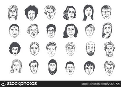 Hand drawn people&rsquo;s faces. Vector sketch illustration.. People&rsquo;s faces. Vector illustration.