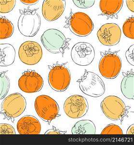 Hand drawn persimmon on white background. Vector seamless pattern.. Hand drawn fruits. Vector pattern.