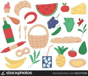 Hand drawn picnic food set. Collection of food and drinks for barbers. Doodle picnic elements, isolated vector illustration. Hand drawn picnic food set