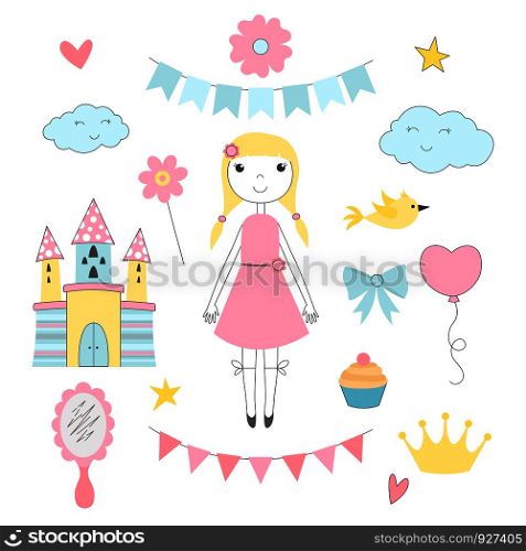 Hand drawn pictures for kids. Princess with her fairy tale castle. Vector princess and castle, fantasy fairy tale illustration. Hand drawn pictures for kids. Princess with her fairy tale castle