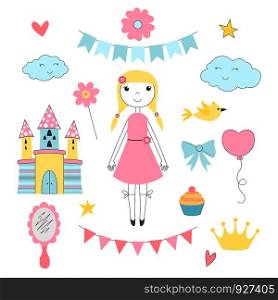 Hand drawn pictures for kids. Princess with her fairy tale castle. Vector princess and castle, fantasy fairy tale illustration. Hand drawn pictures for kids. Princess with her fairy tale castle