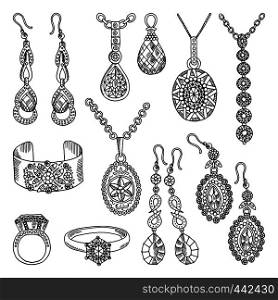 Hand drawn pictures set of luxury jewelry. Vector illustrations. Jewelry luxury accessory sketch hand drawn. Hand drawn pictures set of luxury jewelry. Vector illustrations