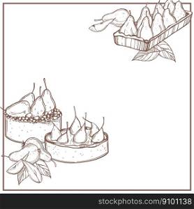 Hand-drawn pies and cakes with pears. Vector background. Sketch  illustration..  Pies and cakes with pears. Vector background.