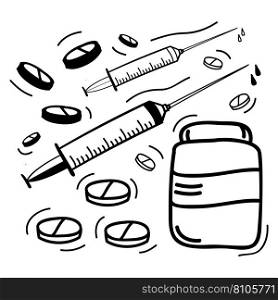 Hand drawn pill drugs and syringes icon Royalty Free Vector