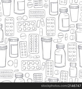 Hand drawn pills and medicines on white background. Vector seamless pattern.. Vector pattern with pills and medicines.