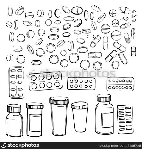 Hand drawn pills and medicines . Vector sketch illustration.