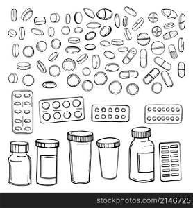 Hand drawn pills and medicines . Vector sketch illustration.