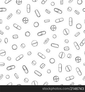 Hand drawn pills on white background. Vector seamless pattern.. Hand drawn pills. Vector seamless pattern.