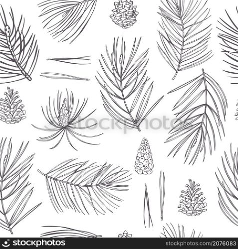 Hand drawn pine branches and cones.Vector seamless pattern. . Pine set. Vector pattern.
