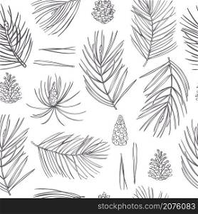 Hand drawn pine branches and cones.Vector seamless pattern. . Pine set. Vector pattern.
