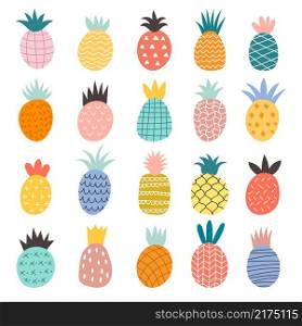 Hand drawn pineapples. Exotic fruits cute illustrations recent vector doodle collection of pineapple. Exotic tropical fruit, pineapple drawn food, ananas icon sketch. Hand drawn pineapples. Exotic fruits cute illustrations recent vector doodle collection of pineapple