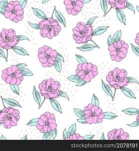 Hand drawn pink camellia flowers on white background. Vector seamless pattern. . Camellia flowers. Vector seamless pattern.