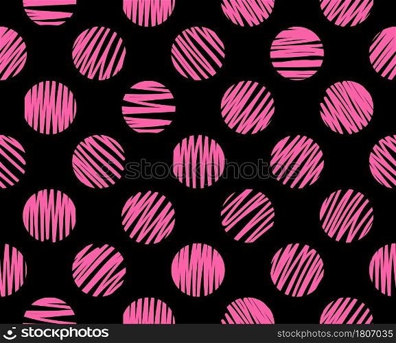 Hand drawn pink circles brush lines seamless pattern on black background. Vector illustration