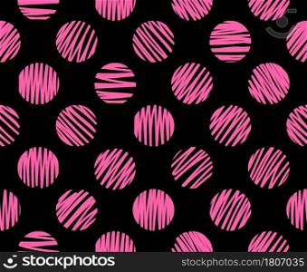 Hand drawn pink circles brush lines seamless pattern on black background. Vector illustration