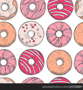 Hand drawn pink donuts. Vector seamless pattern.