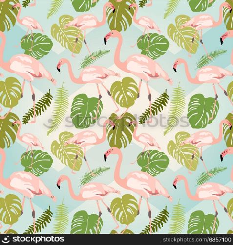 Hand drawn pink flamingo sketch. Vector illustration. Exotic bird with monstera leaves. Seamless pattern