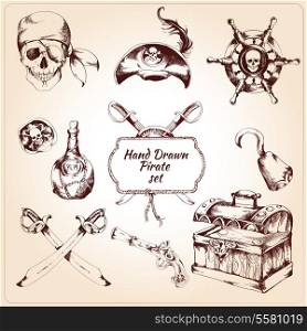 Hand drawn pirates decorative icons set of treasure chest steering wheel and rum bottle isolated vector illustration