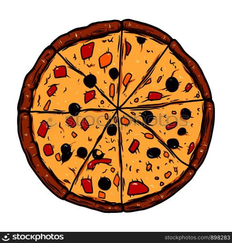 Hand drawn pizza illustration. Design element for poster, emblem, sign, logo, label. Vector illustration