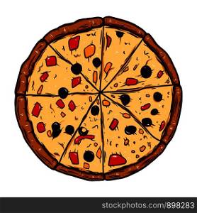 Hand drawn pizza illustration. Design element for poster, emblem, sign, logo, label. Vector illustration