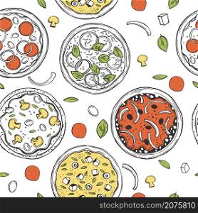 Hand drawn pizza set. Vector seamless pattern. . Pizza. Vector pattern.
