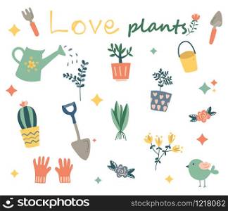 Hand drawn plant collection. Planting decorative elements. Vector illustration.