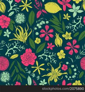 Hand drawn plants and flowers for perfumery.Vector seamless pattern. . Plants and flowers for perfumery.Vector floral pattern.