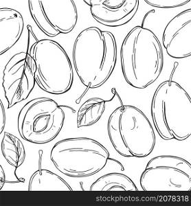 Hand drawn plums. Fruits on white background. Vector seamless pattern. . Plums on white background. Vector pattern.