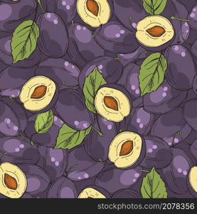 Hand drawn plums. Vector seamless pattern. . Plums. Vector pattern.