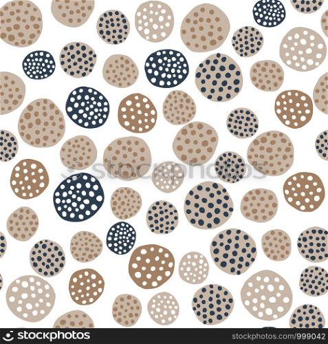 Hand drawn polka dot seamless pattern on white background. Random geometric pebble wallpaper. Simple stones backdrop. Design for fabric, wrapping paper. Vector illustration. Hand drawn polka dot seamless pattern on white background.