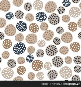 Hand drawn polka dot seamless pattern on white background. Random geometric pebble wallpaper. Simple stones backdrop. Design for fabric, wrapping paper. Vector illustration. Hand drawn polka dot seamless pattern on white background.