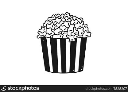 Hand drawn popcorn in striped box. Cinema food snack in doodle style. Vector illustration isolated on white background. Black and while.. Hand drawn popcorn in striped box. Cinema food snack in doodle style. Vector illustration isolated on white background. Black and while