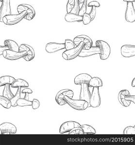 Hand-drawn porcini mushrooms. Vector seamless pattern.