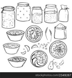 Hand-drawn porridge set. Sweet porridges with various toppings in bowls. Cereals in jars. Healthy food concept. Vector sketch illustration. Porridge set. Vector sketch illustration