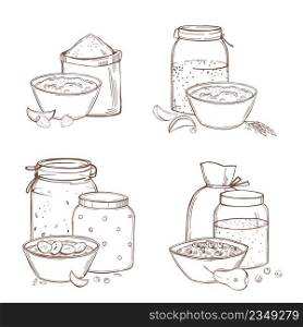 Hand-drawn porridge set. Sweet porridges with various toppings in bowls. Cereals in jars. Healthy food concept. Vector sketch illustration. Porridge set. Vector sketch illustration