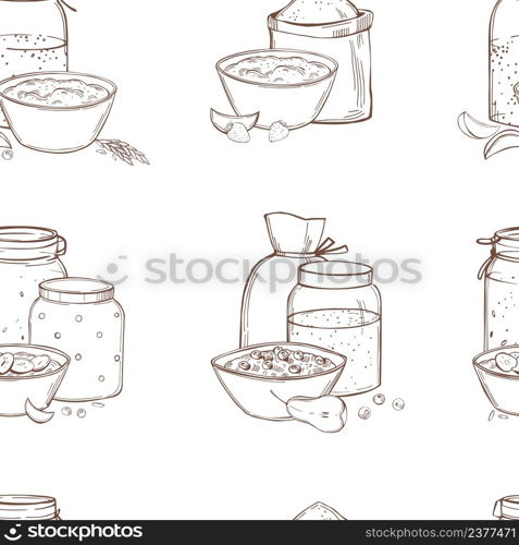 Hand-drawn porridge set. Sweet porridges with various toppings in bowls. Cereals in jars. Healthy food concept. Vector seamless pattern. Porridge set. Vector seamless pattern