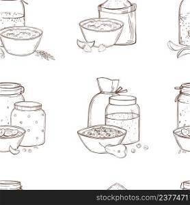 Hand-drawn porridge set. Sweet porridges with various toppings in bowls. Cereals in jars. Healthy food concept. Vector seamless pattern. Porridge set. Vector seamless pattern