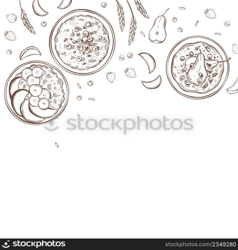 Hand-drawn porridge set. Sweet porridges with various toppings in bowls. Vector background. Sketch illustration. Porridge set. Vector background.