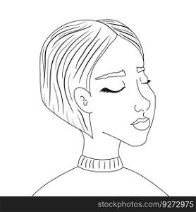 Hand drawn portrait of a girl with closed eyes on white background. Vector art