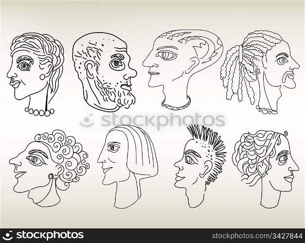 Hand drawn portraits, sketches of roman or greek males and females.