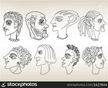 Hand drawn portraits, sketches of roman or greek males and females.
