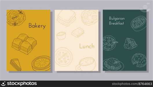 Hand drawn poster set with Bulgarian food. Design sketch element for poster, banner, flyer, menu cafe, bistro, restaurant, bakery and packaging. Vector illustration.. Hand drawn poster set with Bulgarian food. Design sketch element for poster, banner, flyer, menu cafe, bistro, restaurant, bakery and packaging. Vector illustration