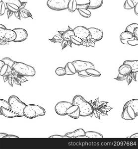Hand-drawn potato tubers and leaves. Vector seamless pattern. Vector pattern with potato tubers.