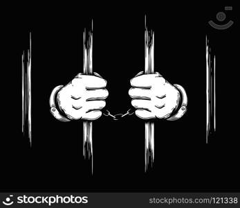 Hand drawn Prisoner Hands in cuffs holding Jail Bars. Vector Illustration.