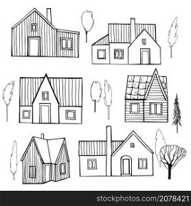 Hand drawn private houses. Vector sketch illustration.. Private houses. Vector illustration.