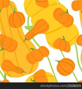 Hand drawn pumpkin seamless pattern. Cute autumn texture for thanksgiving, harvest and halloween. Floral background. Simple design for fabric, textile print, wrapping, cover. Vector illustration. Hand drawn pumpkin seamless pattern. Cute autumn texture for thanksgiving, harvest and halloween. Floral background.