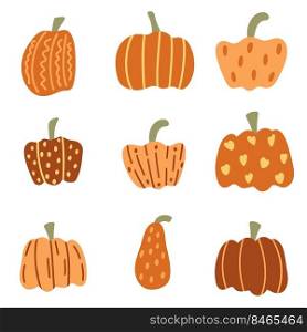 Hand drawn pumpkin set vector illustration. Collection autumn orange vegetables decorated with dotted lines and patterns. Halloween and thanksgiving day fall symbol. Hand drawn pumpkin set vector illustration