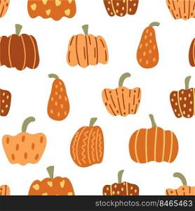 Hand drawn pumpkins seamless autumn pattern. Background with decorated orange pumpkins. Fall print for textiles, packaging and design. Symbol autumn holiday halloween and thanksgiving day vector illustration. Hand drawn pumpkins seamless autumn pattern